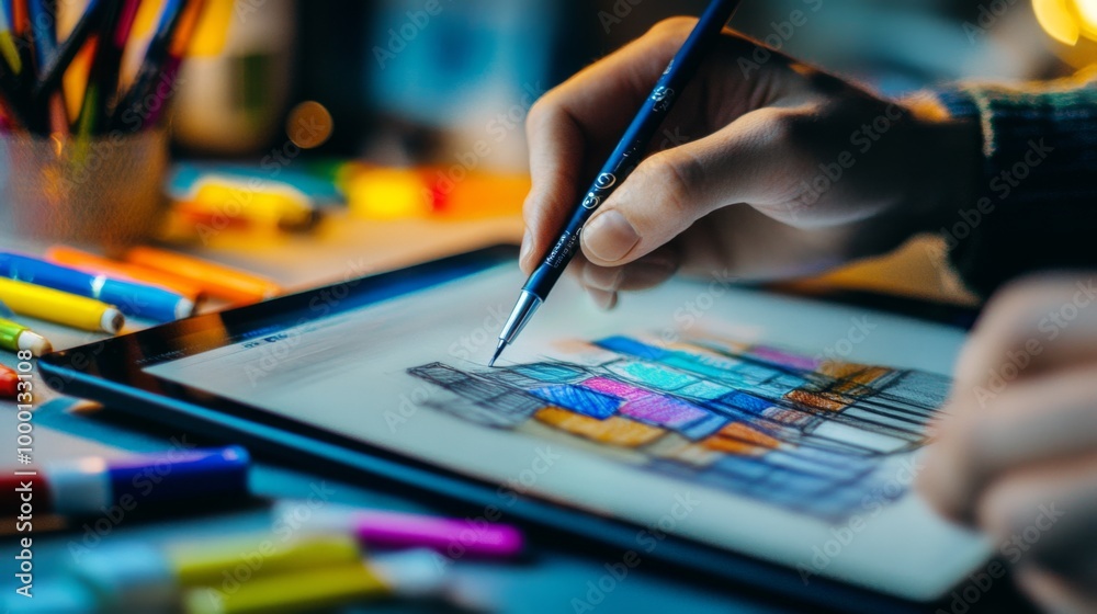 Fototapete a close-up of a designer's workspace with a tablet, sketchbook, and colorful markers, emphasizing th