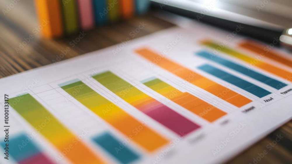 Poster a close-up of a financial graph with colorful bar charts and line graphs, with an emphasis on data v