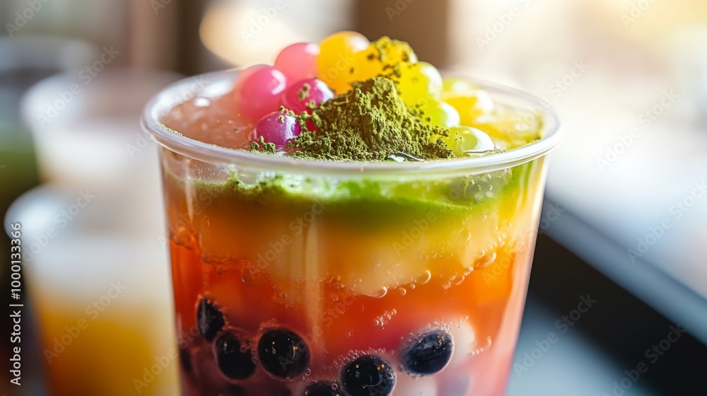 Poster a close-up of a bubble tea cup with a mix of colorful pearls and a sprinkle of matcha powder on top,