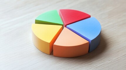 Obraz premium A close-up of a financial pie chart displaying customer demographics, with distinct colors for age groups and gender, arranged on a light wooden background for contrast.
