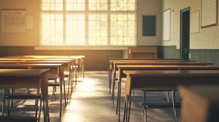 Empty Classroom. Back to school concept in high school. Classroom Interior Vintage Wooden Lecture Wooden Chairs and Desks. Studying lessons in secondary education. generative ai