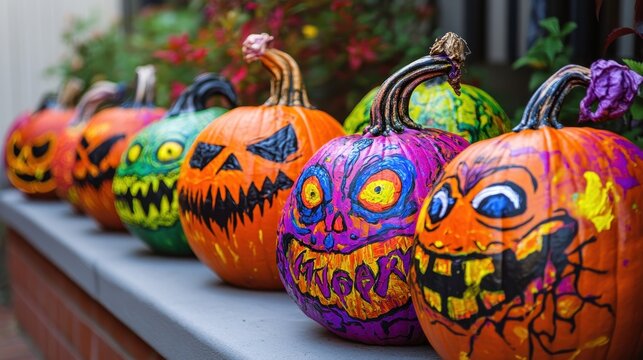 A Halloween pumpkin decorating contest display with pumpkins painted in vibrant colors and eerie designs 