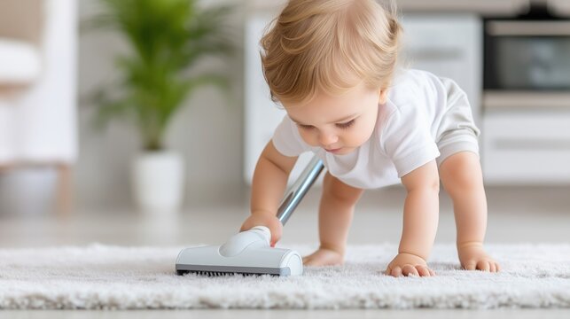 A determined toddler enthusiastically pushes an unplugged vacuum while attempting to tidy a messy room filled with toys and sunlight