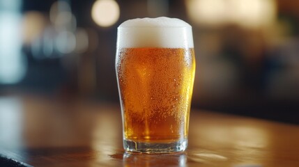 A close-up of a frosty glass of beer with a perfect foam head, set on a wooden bar counter, with bubbles visible and condensation on the glass.