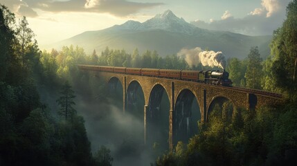 Train crossing a vintage bridge, surrounded by dense green trees and the majestic silhouette of mountains in the backdrop
