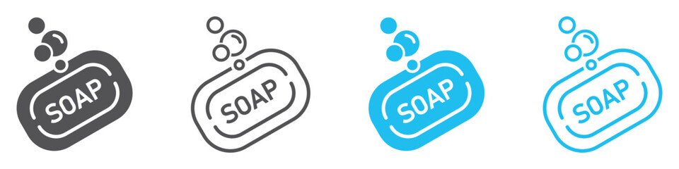Set of soap icons. Soap symbols with bubbles and foam. Personal hygiene, detergent, hand washing. Soap bar, antibacterial. Vector. EPS10.