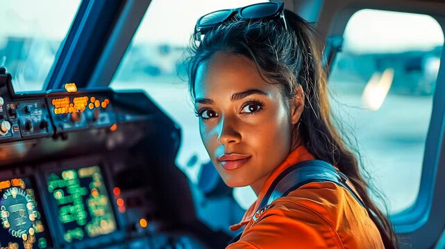 A young African-American female pilot sits in the cockpit, illuminated by the glowing dashboard. She wears an orange uniform and has a focused expression, suggesting a night-time or early morning