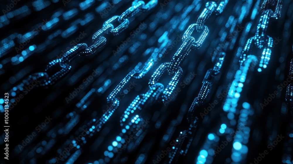 Poster glowing blue chains of binary code symbolizing secure blockchain technology, cryptocurrency bitcoin 