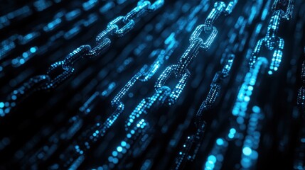 Glowing blue chains of binary code symbolizing secure blockchain technology, cryptocurrency bitcoin eth trading