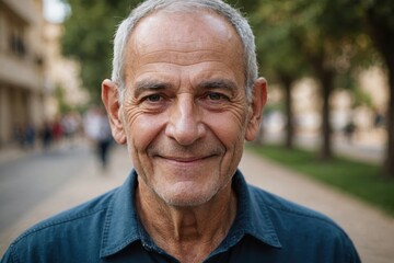Close portrait of a smiling senior Israeli man looking at the camera, Israeli outdoors blurred background