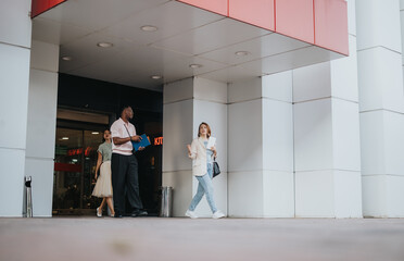 Fototapeta premium A diverse group of people engaged in a business discussion outside a contemporary office building, reflecting teamwork and collaboration in a multicultural setting.