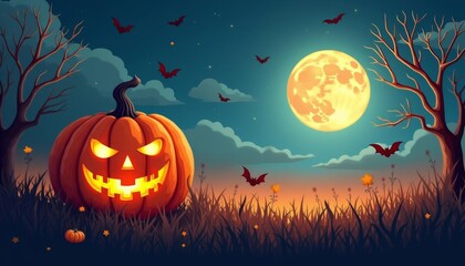 Fototapeta premium Spooky Halloween night with glowing jackolantern and bats
