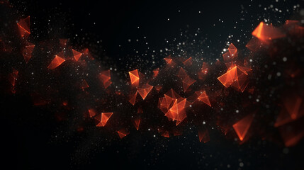 The particles with geometrical shape in a dark room, 3d rendering.