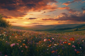 Sunset Over a Field of Wildflowers With Rolling Hills in the Distance