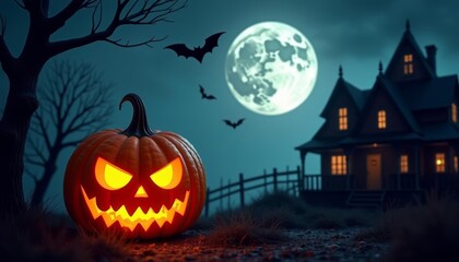  Spooky Halloween scene with jackolantern and haunted house