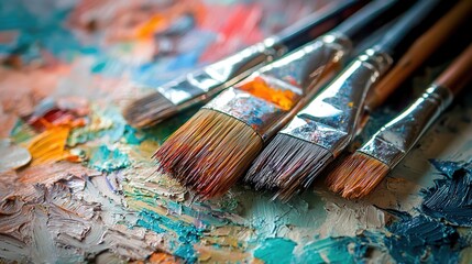 Fototapeta premium Close up of paintbrushes on a palette with colorful paint.