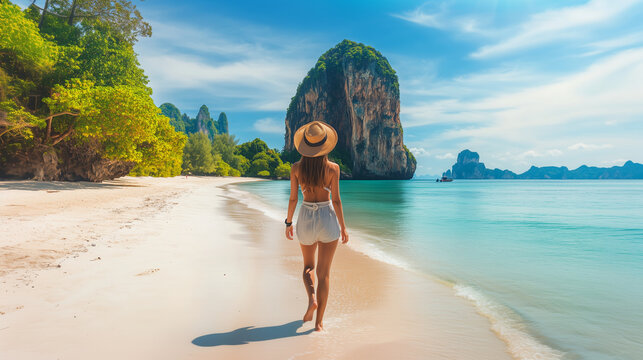 A young traveler woman enjoying her summer vacation on the sandy beach of Pak Bia Island, Krabi, Thailand. Surrounded by stunning nature and clear blue waters, she embraces the bea