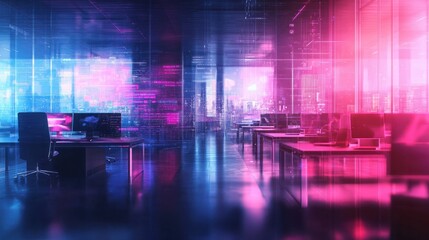 Modern neon cyberpunk open space office interior blurred with information technology overlay. Corporate strategy for finance, operations, marketing. Tables with computers for work. Technology