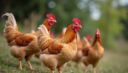 Fototapeta premium Vibrant roosters striding in a field embodying the spirit of dawn