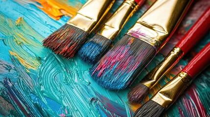 Fototapeta premium Close-up of paintbrushes with colorful paint on them.