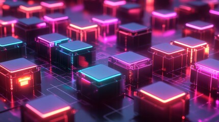 realistic 3d ai deep learning model concept colorful glowing gpu chips cluster network neon server connection computing cubes banner with blank space