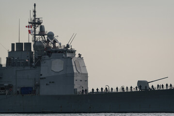 Fototapeta premium WARSHIP - American Ticonderoga-class guided missile cruiser at sea 