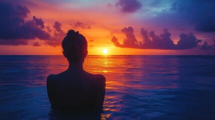 Serene woman enjoying vibrant sunset at beach, orange and blue hues, summer tranquility, back view, silhouette, travel and relaxation theme.