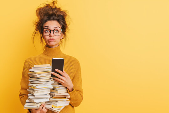 Surprised young woman with messy hair holding phone and books against yellow background