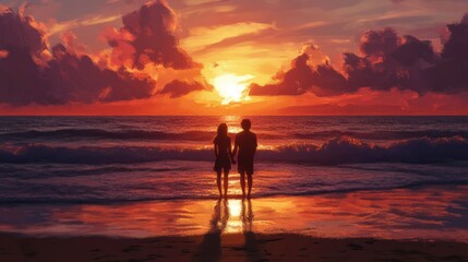 silhouette of a couple on the beach at sunset ai generated art.