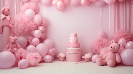 Pink interior with helium baloons and pastel colors. Neural network ai generated art