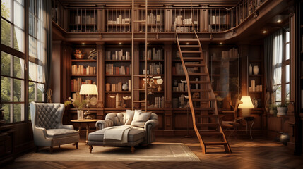 Fototapeta premium Room Decoration A stylish home library with millions of books