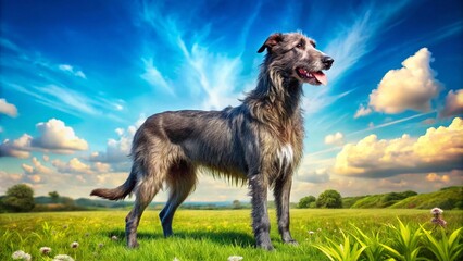 Majestic Black Irish Wolfhound Mix Standing Proudly in a Lush Green Field Under a Clear Blue Sky