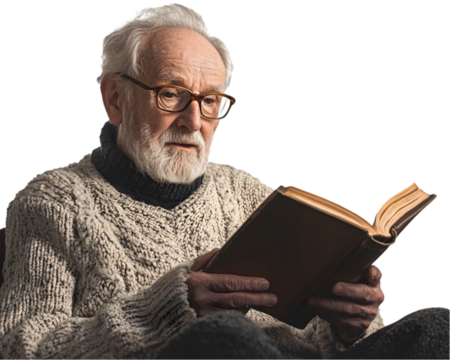 Elderly man reading a book with glasses, sitting comfortably on transparent background