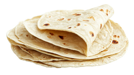 A stack of tortillas with a few slightly folded, solated on transparent background, PNG file
