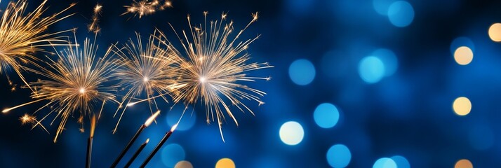 A beautiful image of sparklers against a backdrop of blue bokeh lights, symbolizing celebration, joy, hope, new beginnings, and excitement.