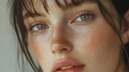 Fototapeta premium A close-up of a woman face with dewy skin and subtle makeup, her eyes gazing into the camera with a gentle expression, set against a neutral background.
