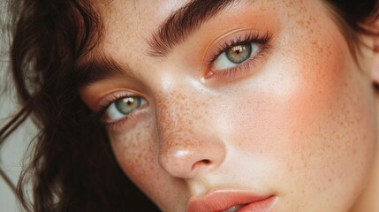 A close-up of a woman face with dewy skin and subtle makeup, her eyes gazing into the camera with a gentle expression, set against a neutral background.