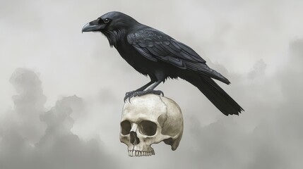 Fototapeta premium A black raven perches atop a human skull against a backdrop of ominous, swirling clouds. The image symbolizes death, mystery, and the passage of time.
