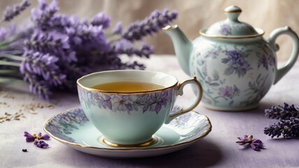 Fototapeta premium A delicate porcelain tea set with a floral pattern, featuring a cup of tea and teapot, surrounded by fresh lavender, creating a peaceful setting. 