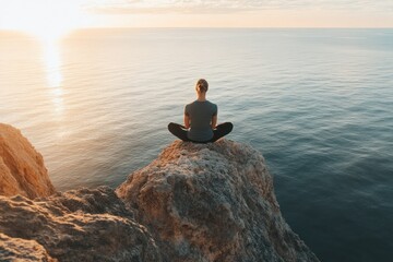 Woman in Meditation Pose on Cliff Overlooking the Sea
