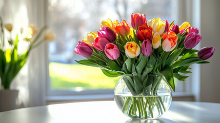 Vibrant Tulip Bouquet in Glass Vase on Sunlit Table