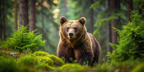 Fototapeta premium Majestic European Brown Bear Roaming Through Lush Green Forest in Natural Habitat During Daytime