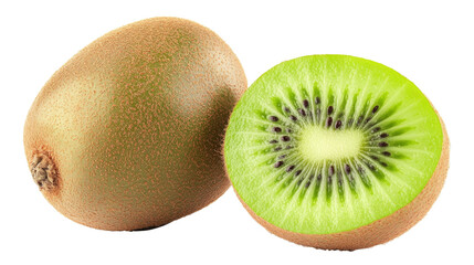 Fototapeta premium A whole kiwi fruit and one sliced open, solated on transparent background, PNG file