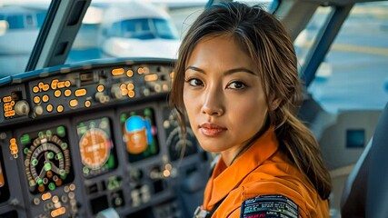 A young Asian female pilot, dressed in an orange flight suit, sits in the cockpit of an airplane. It is daytime, creating a motivated and confident mood as she looks intently at the camera,