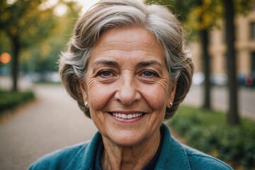 Close portrait of a smiling senior Monacan woman looking at the camera, Monacan outdoors blurred background
