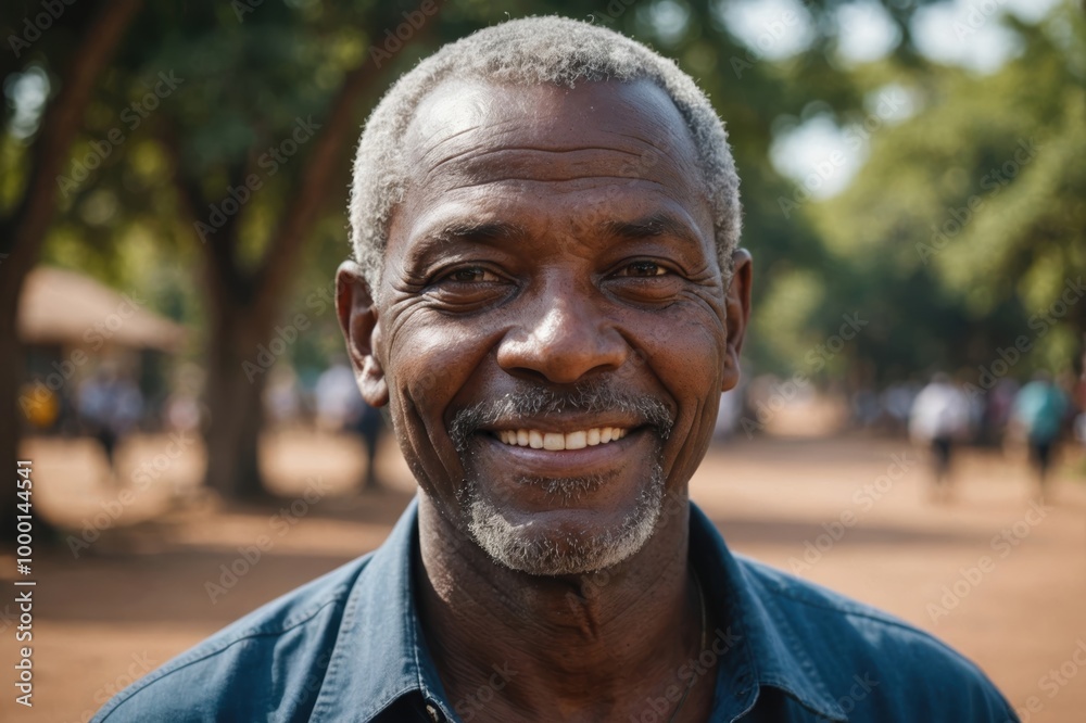 Wall mural Close portrait of a smiling senior Mozambican man looking at the camera, Mozambican outdoors blurred background