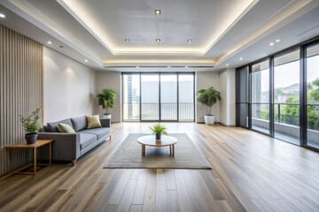 Obraz premium Spacious and modern living room showcasing lush greenery and natural light with a view of the city skyline in the background. Generative AI