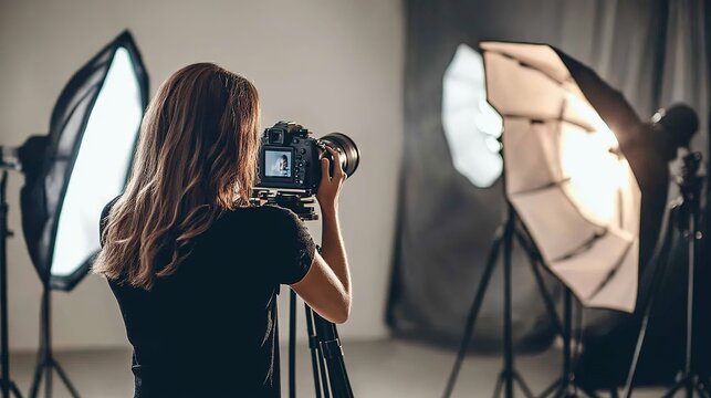 A photographer captures a candid moment in a studio setting with soft lighting and professional equipment during a creative photoshoot