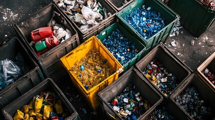 Colorful Recycling Bins Filled with Various Waste Materials for Eco-friendly Disposal and Reuse