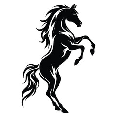 a black and white silhouette of a horse rearing up on its hind legs. The horse appears to be in mid-stride,
